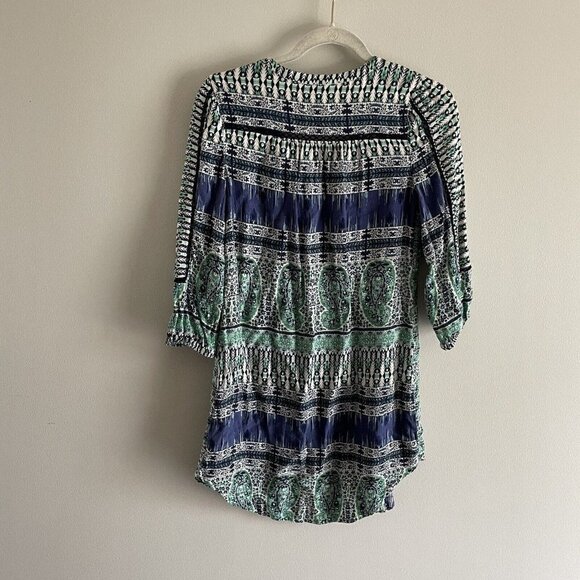 Lucky Brand Wmn SZ XS Blue/Green/White Boho Tunic Style Tie Neckline Short Dress - Picture 9 of 11